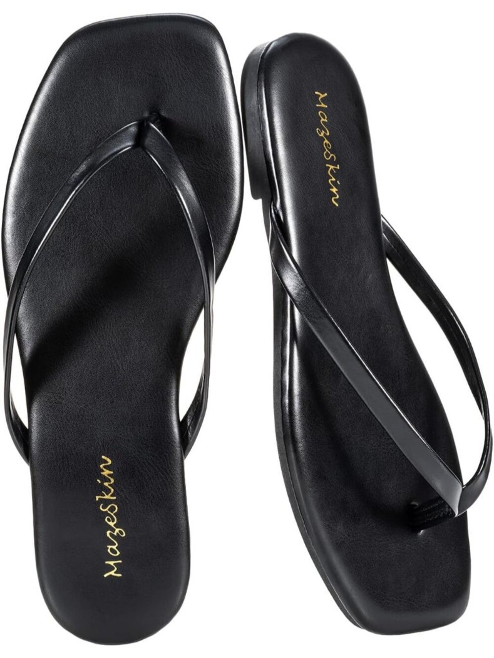 Women's Black Cushioned Square Toe Flat Memory Foam Thong Flip Flops Sandal